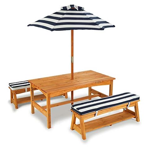 KidKraft 106 Gartentischset mit Bank, Kissen und Sonnenschirm - Marineblau-weiß gestreift Cover