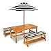 KidKraft 106 Juego de mesa y 2 bancos de madera para niños con sombrilla y cojines, muebles para jardín y exterior al aire libre - Rayas azul marino y blancas