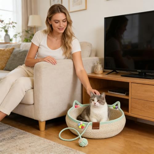 Cama para Gatos de Interior de Cesta Trenzada con Pelota y Rascador Tipo Cuna 3