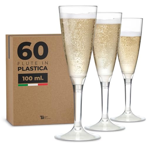 TUNDRA - Set 60 FLUTE PLASTICA da Champagne 100 ml. "USA & RI-USA" BPA-Free - Calici Plastica Riutilizzabili, Resistenti, Trasparenti, Riciclabili - Flute Plastica per Feste, Matrimoni