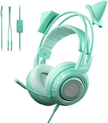 SOMIC G951S Green Gaming Headset with Microphone for PS4, PS5, Xbox One, PC, Cat Ear Headphones Over Ear with in-Line Mic Control, Stereo Sound for Girls, Woman