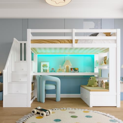 Merax 90x200 Hochbett mit Schreibtisch, Regalen & Stauraumtreppe, Weiß – Kinderhochbett mit LED-Beleuchtung, 2 Schubladen, Multifunktionales Design für Kinderzimmer