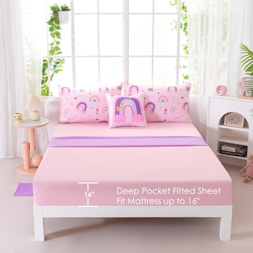 Image of Full Size Bedding Sets for Girls 6 Pieces Pink Rainbow Kids Comforter Set with Sheets Colorful Castle Printed Teen Girl Bed in A Bag for Bedroom Decor (Rainbow Castle, Full)