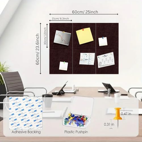 Image of Royalkart 6Pcs Rectangular Felt Bulletin Board Tiles for Wall - Brown Self-Stick Notice Board with 30 Push Pins | Pin Board for Office, Study, Home Decor, Kids Room (30x21cm)