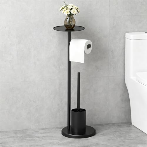 Porte-rouleau de papier toilette avec brosse WC autonome et porte-brosse avec étagère en acier inoxydable noir mat pour toilettes, salle de bain