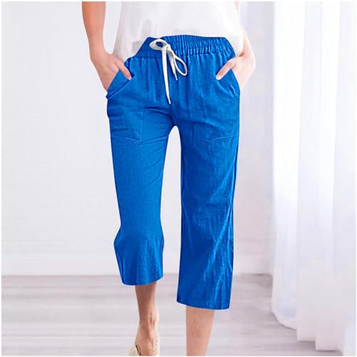 Capri Linen Pants for Women Summer Drawstring Waisted Casual Loose Wide Leg Trousers Cropped Capris with Pockets2