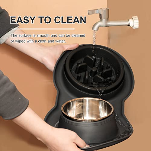 Dog Water Food Bowls (5-In-1) Slow Feeder Stainless Steel Dishes With Non-Slip Silicone Feeding Mat, Raised Edges For No Spills, Pet Bowls For Puppy Medium Dogs Cats (Black) #TOP6