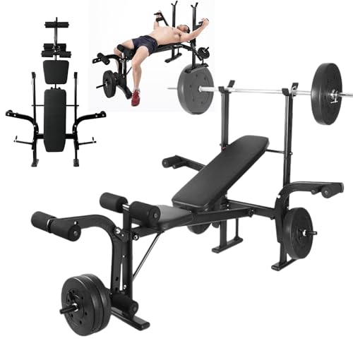 Standard Weight Bench Adjustable Bench Press Set with Preacher Curl Pad and Leg Developer,Bench Press Rack Bench Press with Weights and Bar Weight Lifting Equipment for Home Gym