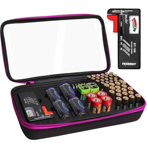 Battery Organizer Storage Case with Tester,Clear Batteries Storage Organizers Holds, Just The Right Size Slot with stable handle,Holds 57 Batteries Various Sizes?Batteries are Not Included? (Purple)