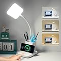LED Desk Lamp with Wireless Charger, Sailstar White Desk Light with Pen Holder, 3 Color Modes with Stepless Dimming, CRI 85, 800 Lumen, Study Lamps for College Dorm Room, Home Office, Adapter Included