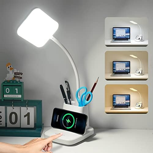 LED Desk Lamp with Wireless Charger, Sailstar White Desk Light wi...