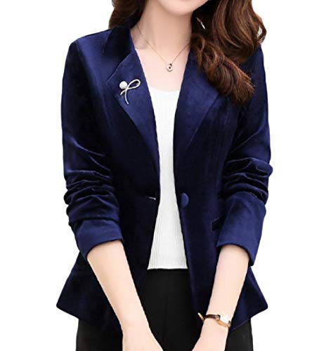 Comaba Women's Casual Button Velvet 1 Premium Fit Suit Work Jacket Blazer Coat Navy Blue M