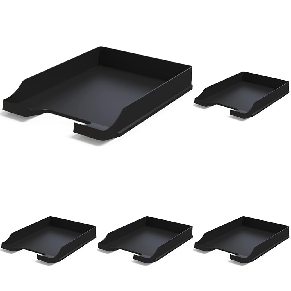 Bandejas portadocumentos tamaño A4 Negro - Organizador Escritorio apilable - Bandeja plástico para Oficina - Archivador Papeles - Cestas de Correo - 35x25x5,2 cm (Paquete de 5)