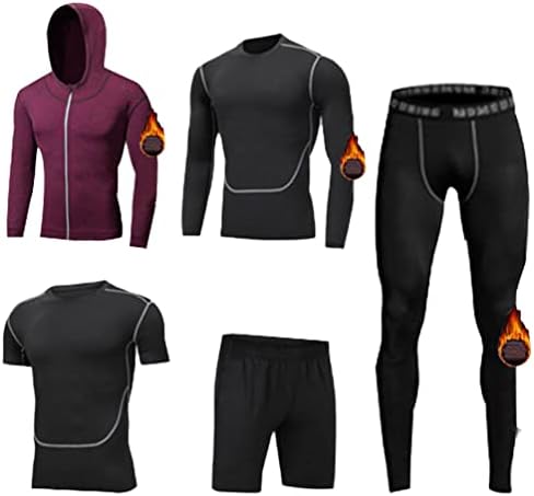 Baymate 5 Pcs Mens Running Gym Set, Fitness Workout Compression Underwear Set, Outwear+Base Layers Shirts+Loose Fitting Shorts+Compression Shirts+Compression Pants for Workout Training Running