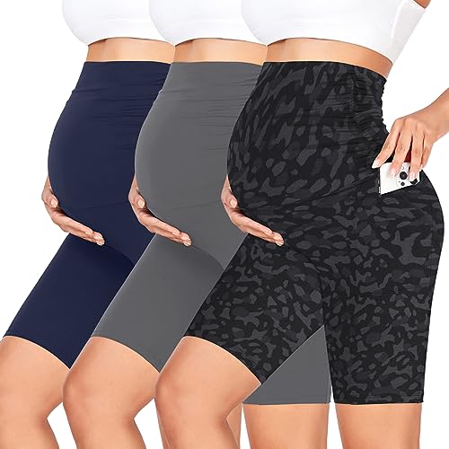 GROTEEN 3 Pack Women's Maternity Shorts with Pockets Over the Belly