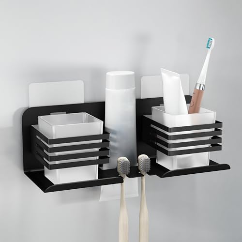 Image of Plantex Stainless Steel Self Adhesive Double Tumbler Holder /Toothbrush Stand for Bathroom /Toothpaste Holder /Bathroom Accessories - Pack of 1 (Black)