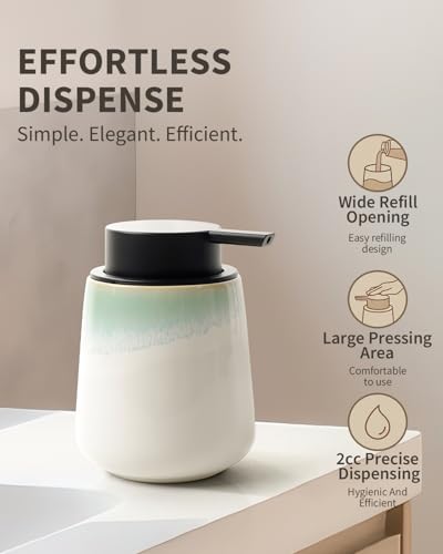 Image of BosilunLife Hand Soap Dispenser - Ceramic Dish Soap Dispenser for Bathroom 12ounce Refillable Liquid Hand Wash Dispenser for Essential Oil, Lotion Soap, White with Blue-Green Rim
