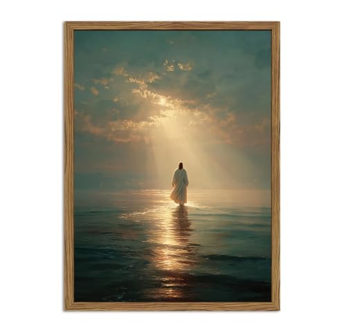 Blue Jesus Walking on Water Wall Art, Christian Wall Decor Paintings, Religious Savior Poster Canvas Print Pictures Artwork for Living Prayer Room Bedroom 12x16 in Wood Framed