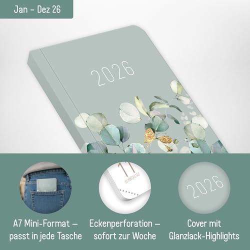 Häfft® Taschenkalender 2026 klein A7 Minty Leaves Wochenkalender mit Feiertagen DE/AT, Monats- & Ferienübersicht, To-do & Notizseiten, 128 Seiten