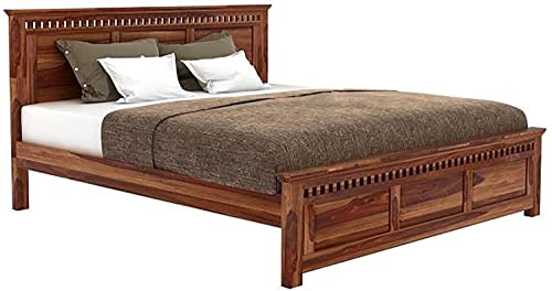 Image of Sheesham Wood Queen Size Bed Without Storage Wooden Double Bed for Bedroom Living Room Home and Hotels (Teak Finish)