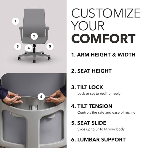 Image of HON Ignition 2.0 Mid‑Back Ergonomic Office Chair, Mesh Task Desk Chair with Lumbar Support, Standard Synchro‑Tilt, Height and Width Adjustable Arms, Titanium Frame, Frost