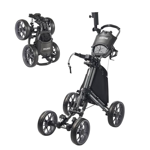 Image of Golf Push Cart 4-Wheels,Folding Golf Cart, Golf Pull cart with Cup Holder,Umbrella Holder,Cooler Bag, Foldable with one-Click,Handle Height Adjustable,Drink Holder,Walking Push cart