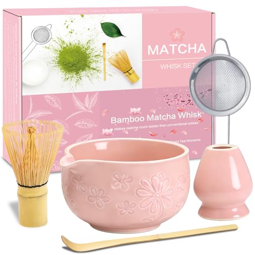 Matcha Whisk Set Pink Ceramic Matcha Making Kit with Traditional Bamboo Whisk Matcha Bowl Scoop Sifter and Stand Authentic Japanese Style Matcha Set for Perfect Homemade Matcha Tea