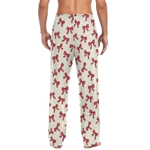 Men’s Red Bows Pajama Pants with Pockets, Comfortable Lounge Sleep Bottoms#6132