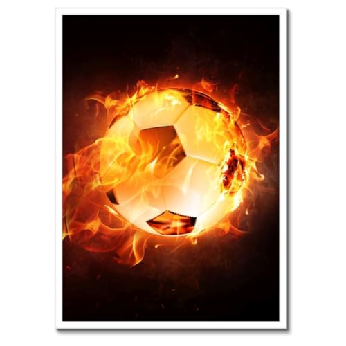Poster football en feu avec cadre noir de qualité supérieure, format de 50 x 70 cm
