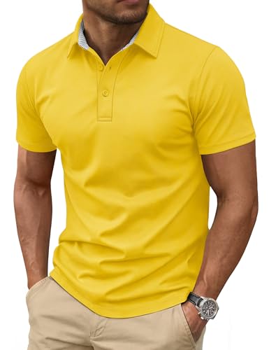 Cotrasen Polo Shirts for Men Moisture Wicking Performance Short Sleeve Cotton Pique 3 Buttons Classic Fit Casual T-Shirt Breathable Golf Athletic Shirts Yellow M