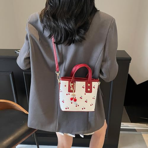 Cherry Print Tote Bag Leather Shoulder Handbag Trendy Crossbody Bag with Cherry Pendant for Women4