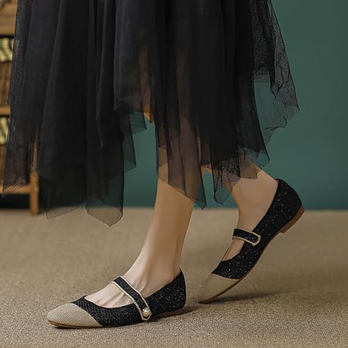 Women's Knitted Cap Toe Mary Jane Shoes,Comfortable Square Toe Arch Support Walking Shoes Soft Sole Strappy Mesh Office Work Dress Shoes Elegant Ballets Flats4