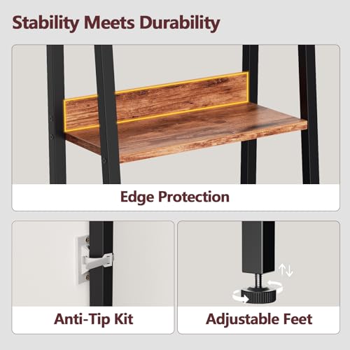 Image of Furologee 6 Tier Ladder Shelf,Ladder Bookshelf with Drawer,Industrial Tall Bookcase,Storage Rack Organizer,Wood Metal Freestanding Shelves for Living Room, Home Office, Bedroom,Rustic Brown