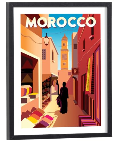 Tableau Vintage du Maroc de qualité supérieure cadre en bois noir inclus 30x40