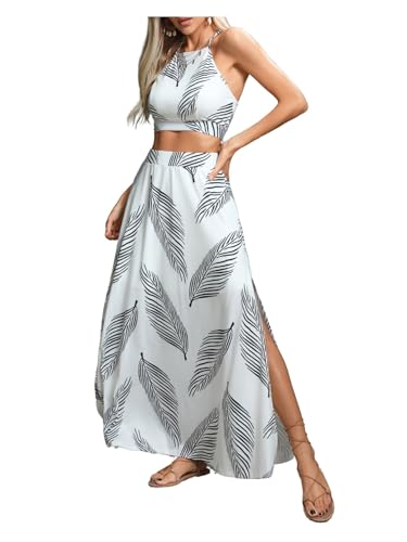 Verdusa Women's 2 Piece Outfits Beach Vacation Outfits Tropical Print Tie Back Cami Top and Split Maxi Skirt Set White Small