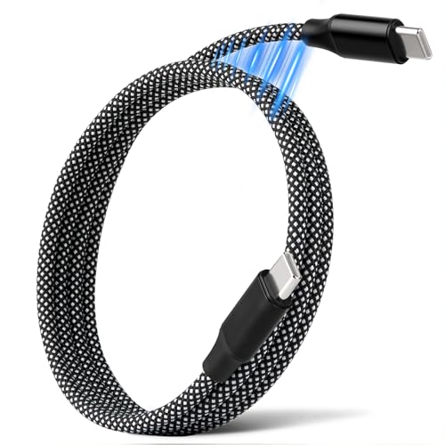Câble Magnétique USB C vers USB C Enroulé, 60 W Cordon de Charge Rapide, Magnétique Câble USB C pour Voiture, Chargeur Rétractable de 1M, Anti-Nœuds...