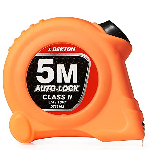 Dekton Hi Vis Green Soft Grip Autolock Tape Measure 5m X 19mm- 5m/16ft-Hi-Vis Soft Grip| Impact Resistant Case| Metric Units| Belt Clip| Auto-lock| Secure Auto-lock Mechanism, Comfortable Grip