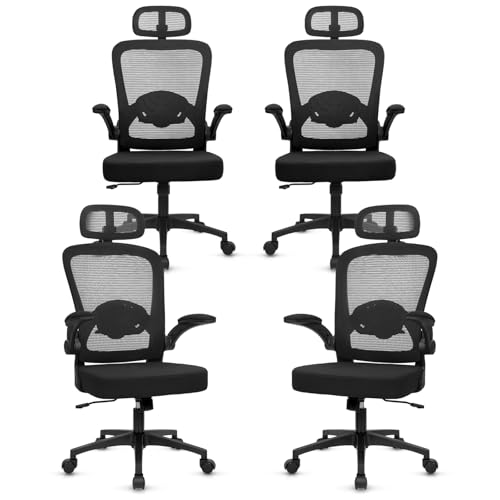 Image of KLASIKA Desk Chairs with Wheels, Ergonomic Mesh Back Home Office Chair with Headrest, Adjustable Lumbar Support Swivel Rolling Computer Chairs with Flip Up Arms for Conference Meeting Room, Black, 4PK