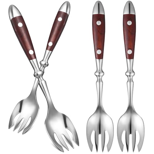 DOITOOL Lot de 4 Cuillères à Salade en Acier Inoxydable 430 Manche en Bois, Ustensiles Cuisine Réutilisables pour Service Sécurisé et Usage Polyvalent