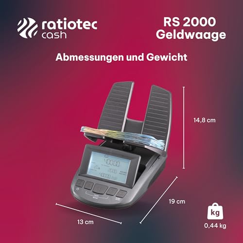 ratiotec RS 2000 Geldwaage - Geldzählmaschine für Scheine und Münzen - Münzzähler mit dynamischer Wiegefunktion - Kassenabrechnung in unter 2 Min. - Made in Germany