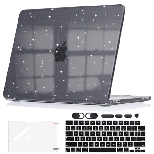 Seanai Sparkly Black Glitter Starry Hard Shell Case for 2026 Apple MacBook Neo 13 A18 Pro A3404 All-in-One Protective Kit with Keyboard Skin, Screen Protector, Dust Plugs & Webcam Cover