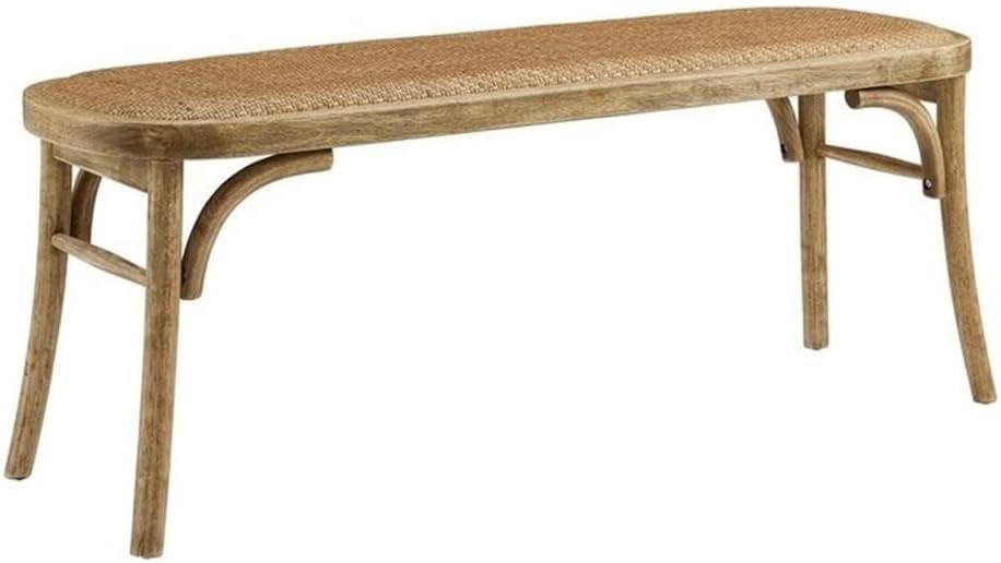 Pemberly Row Modern Bench, 48 in, Rubberwood Frame, Natural Rattan Seat, Rustic Brown Finish, Lightweight and Sturdy, Antique Style for Living Room, Entryway, Bedroom, or Dining Room Seating