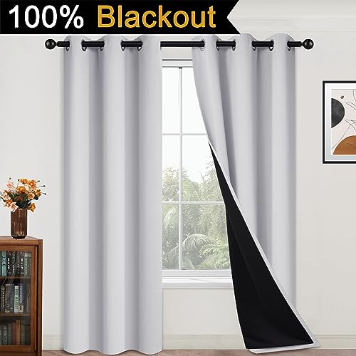 Image of Yakamok Greyish White 100% Blackout Curtains 84 Inches Long, 2 Thick Layers | Blackout Curtains for Bedroom /Living Romm Full Light Blocking Soft Thermal Insulated Drapes for Bedroom 42 inch Wide Each Panel