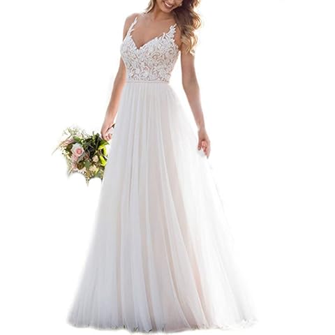 WeddingDazzle Wedding Dress for Women V-Neck Spaghetti Straps Lace Appliques Tulles A-Line Backless Prom Party Beach Bridesmaid Dress Long 4 White Cover