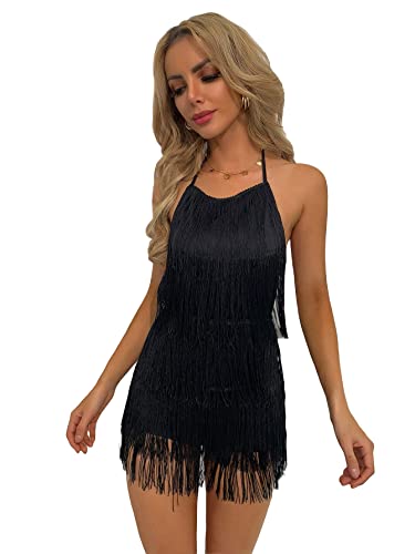 Wdirara Women's Sleeveless Tie Backless Fringe Club Halter Romper Sexy Shorts Black L #TOP3