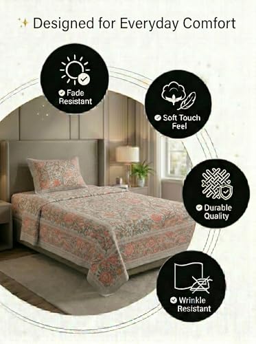 Image of Mafatlal 144 TC Heritage 100% Cotton Traditional Jaipuri Print Single Size Bedsheet (90x60 Inches) with Matching Pillow Cover - Flat, Multicolor