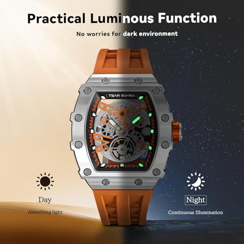 Image of TSAR BOMBA Men's Automatic Watch Tonneau Luxury Skeleton Watches for Men Mechanical 50M Waterproof Analogue Watches Mens Unique Cool Square Big Face Dial Wristwatch with Silicone Strap Band