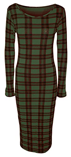 StyleWear Damen Midi-Kleid mit Rundhalsausschnitt, figurbetont, Stretch, langärmelig, Midi-Kleid, Grün kariert, 42/44