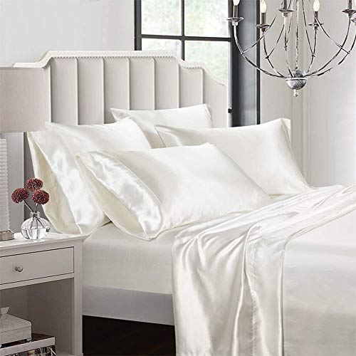 Aimay 6 Piece Satin Bed Sheet Set Deep Pocket Luxury Rich Silk Silky Super Soft Solid Color Reversible Stain-Resistant Wrinkle Free (King,Off White) #TOP6