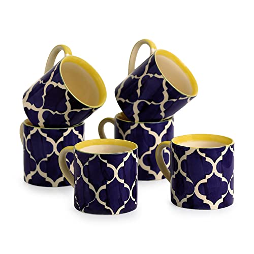 Image of ExclusiveLane 'Ocean Caffeine' Ceramic Tea Cups Set of 6 (200 ML, Microwave Safe, Dishwasher Safe) |Ceramic Cups Coffee Cup Set of 6 Coffee Mugs Tea Set Tea Mugs Set of 6 Chai Cups Drinkware